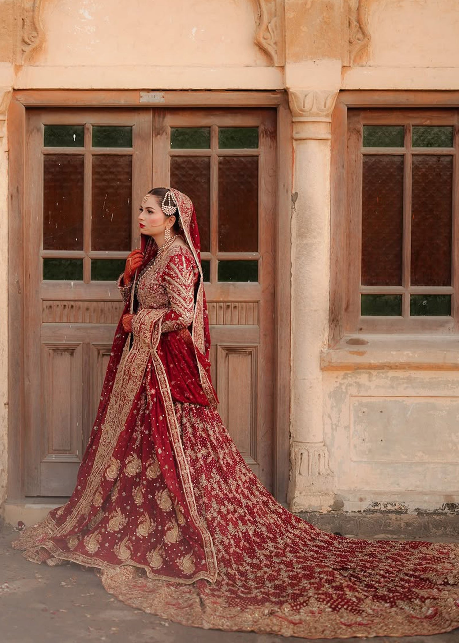 Pakistani Deep Red Zardozi Velvet Bridal Lehenga (3-Piece) - Image 6