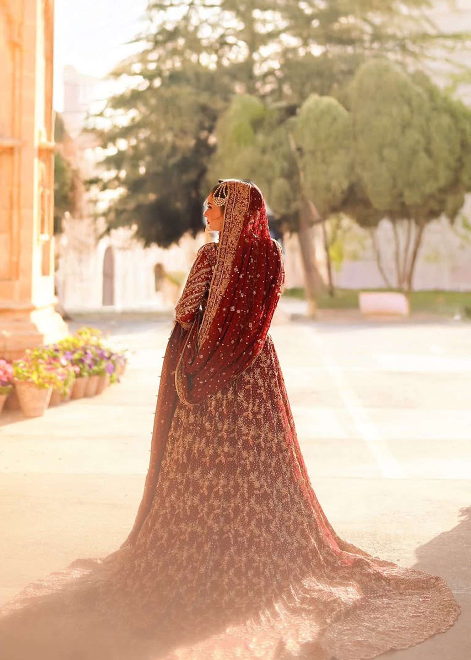 Pakistani Deep Red Zardozi Velvet Bridal Lehenga (3-Piece) - Image 7