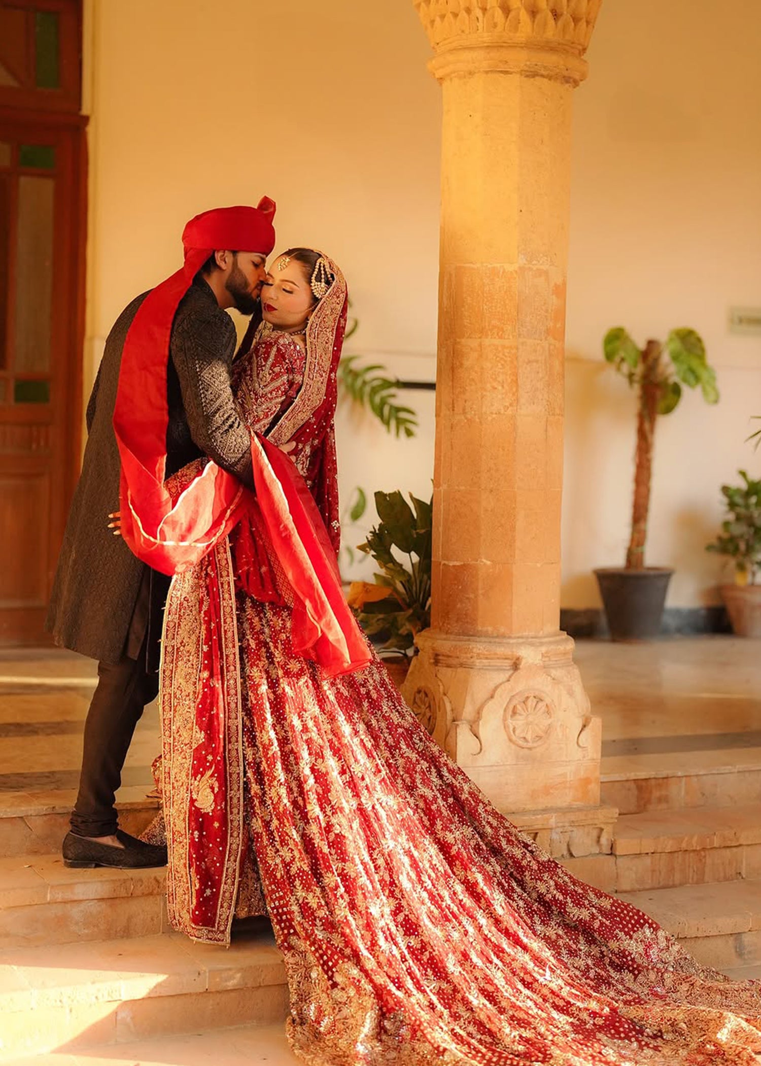 Pakistani Deep Red Zardozi Velvet Bridal Lehenga (3-Piece) - Image 9