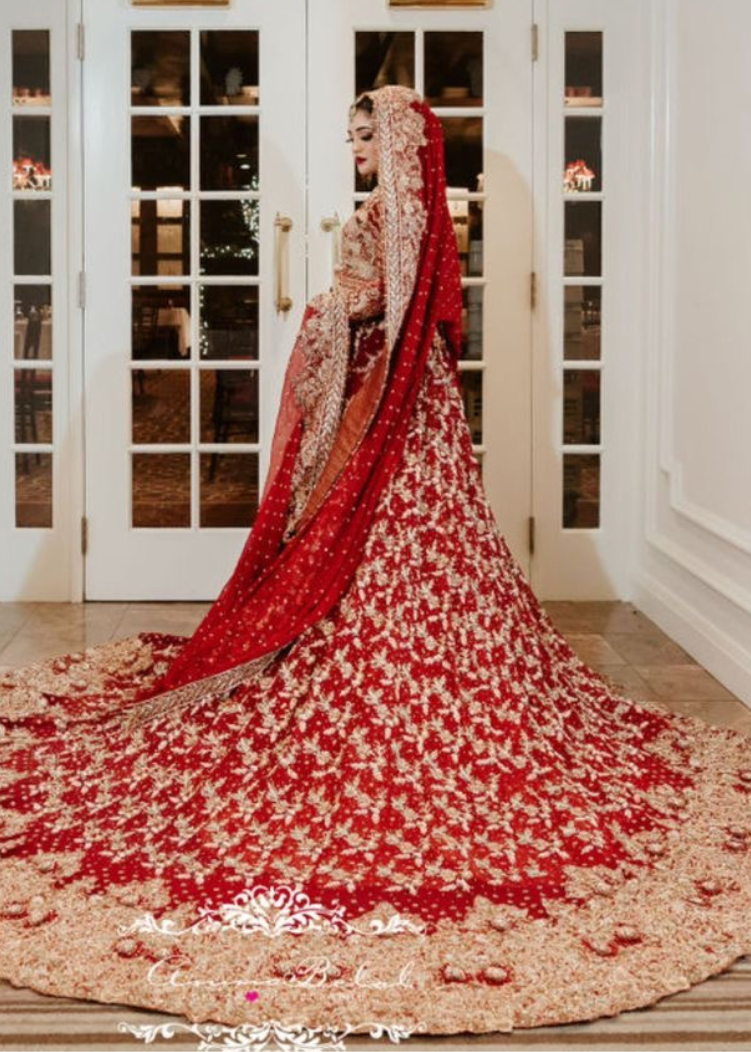 Pakistani Deep Red Zardozi Velvet Bridal Lehenga (3-Piece) - Image 1