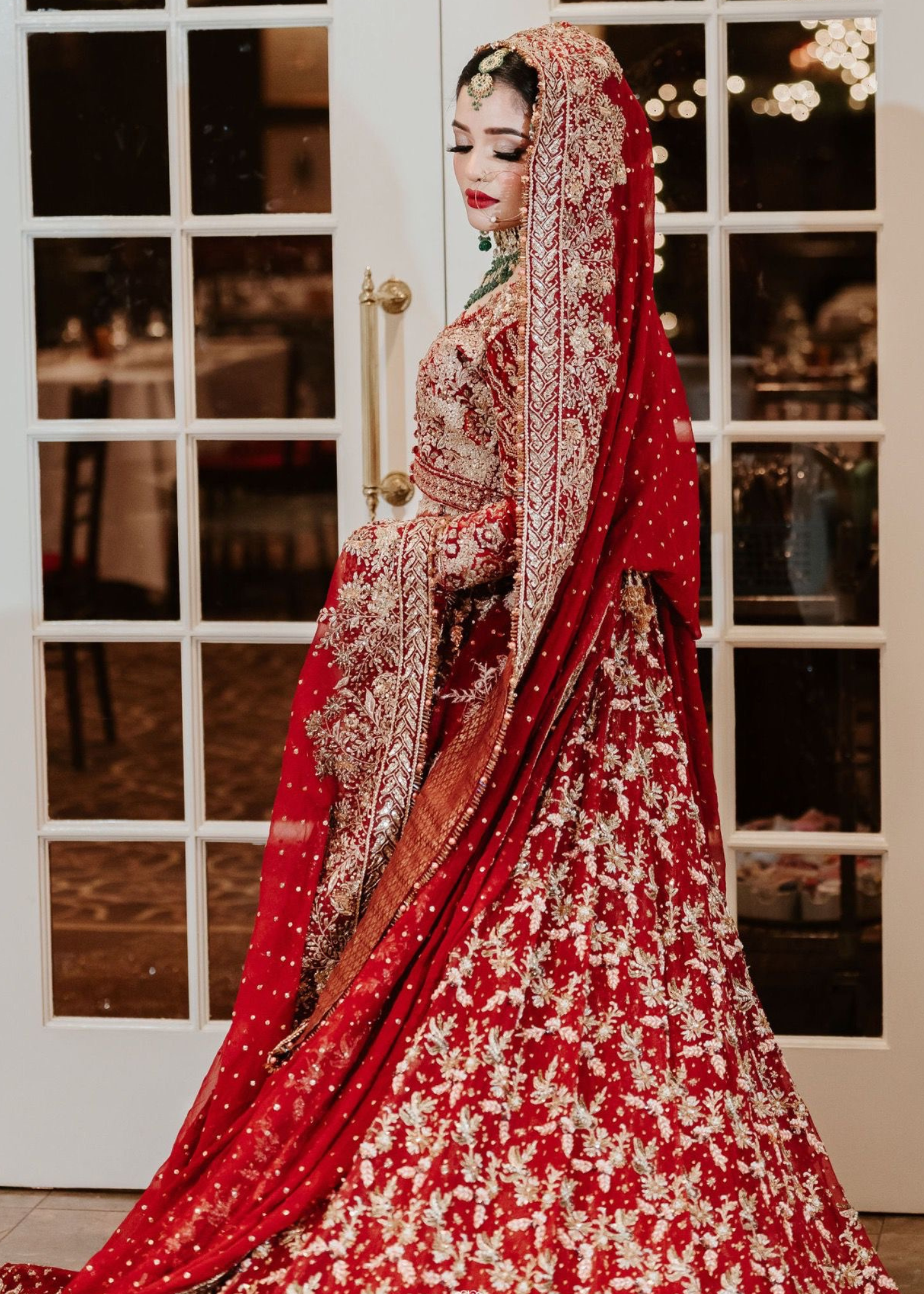 Pakistani Deep Red Zardozi Velvet Bridal Lehenga (3-Piece) - Image 2