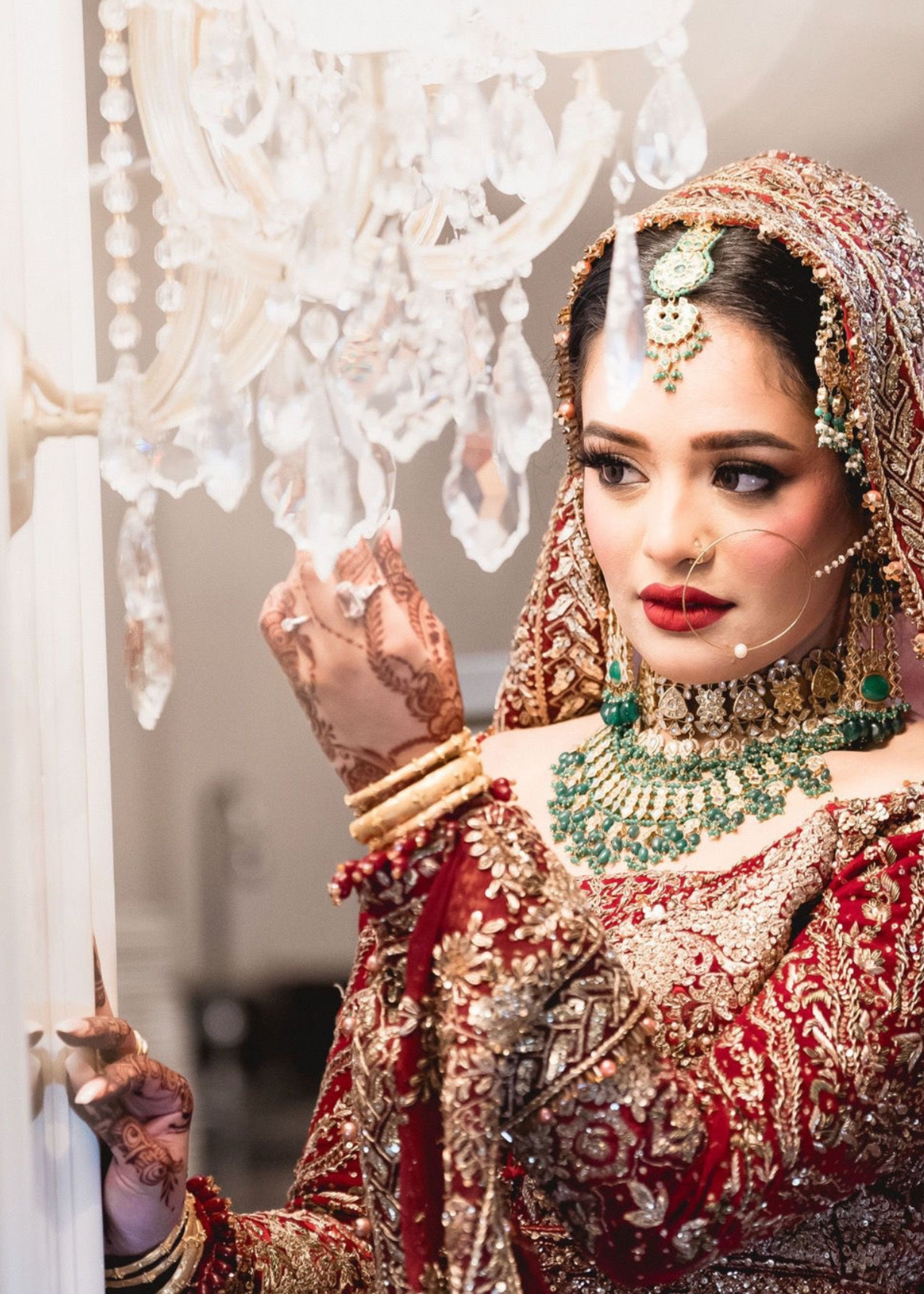 Pakistani Deep Red Zardozi Velvet Bridal Lehenga (3-Piece) - Image 3