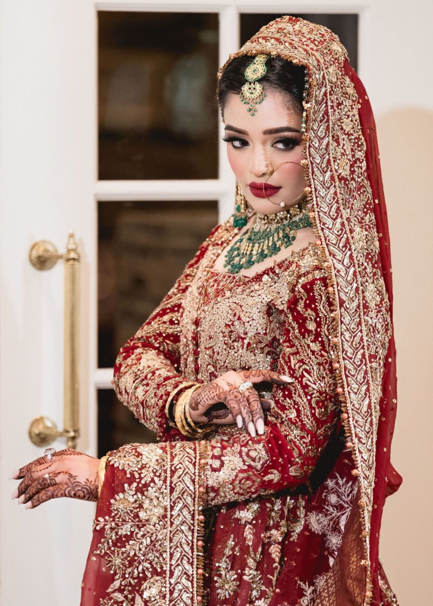 Pakistani Deep Red Zardozi Velvet Bridal Lehenga (3-Piece) - Image 4
