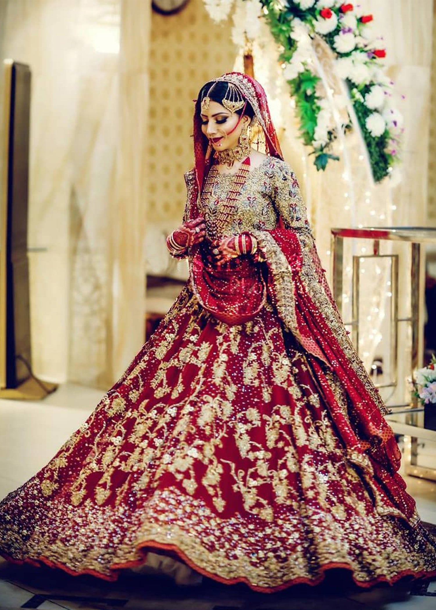 Deep Red Zardozi Velvet Bridal Lehenga (3-Piece) - Image 2