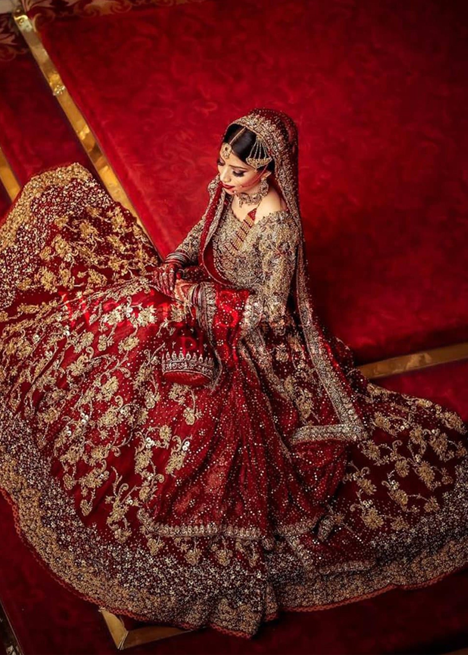 Deep Red Zardozi Velvet Bridal Lehenga (3-Piece) - Image 3