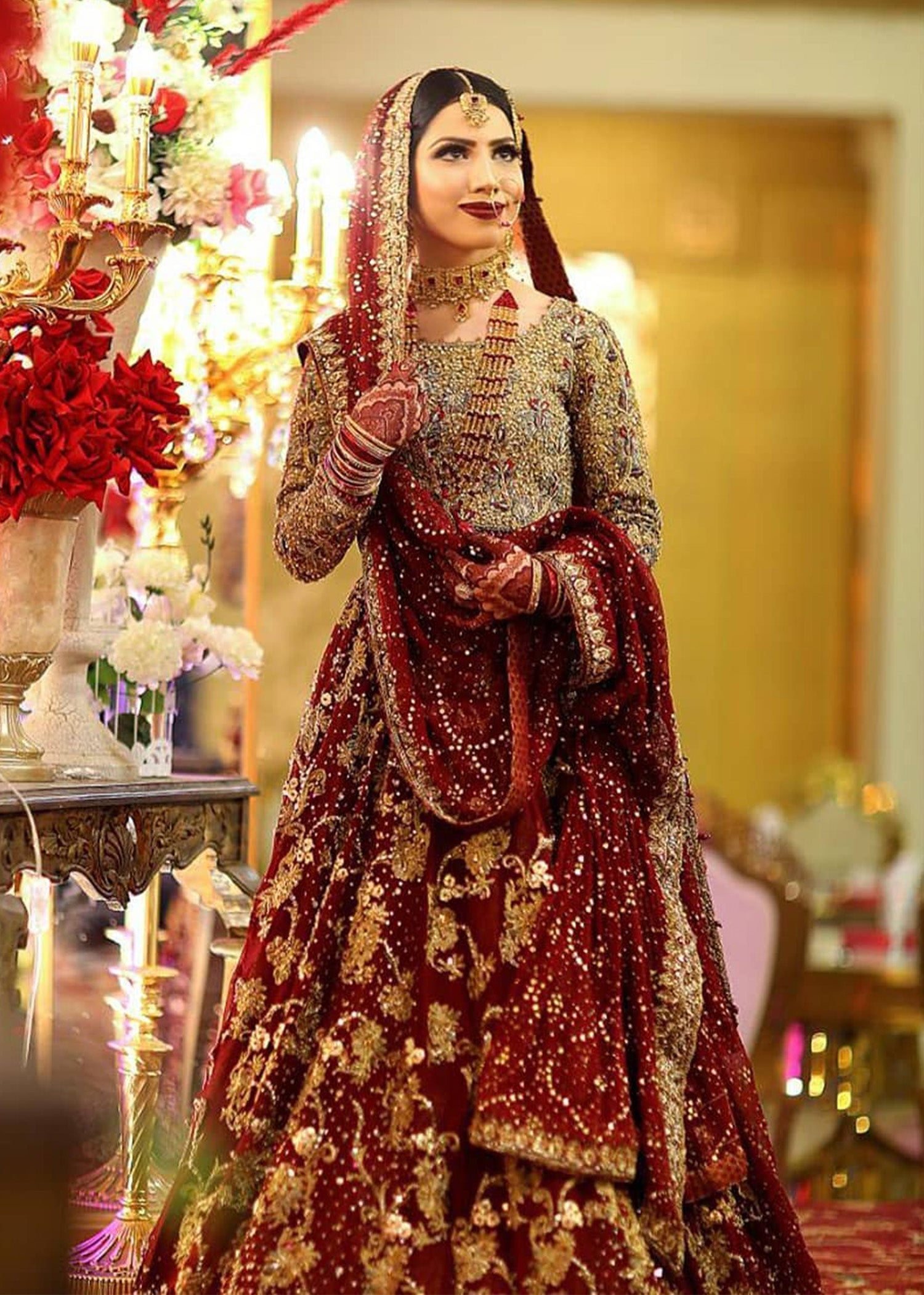 Deep Red Zardozi Velvet Bridal Lehenga (3-Piece) - Image 4