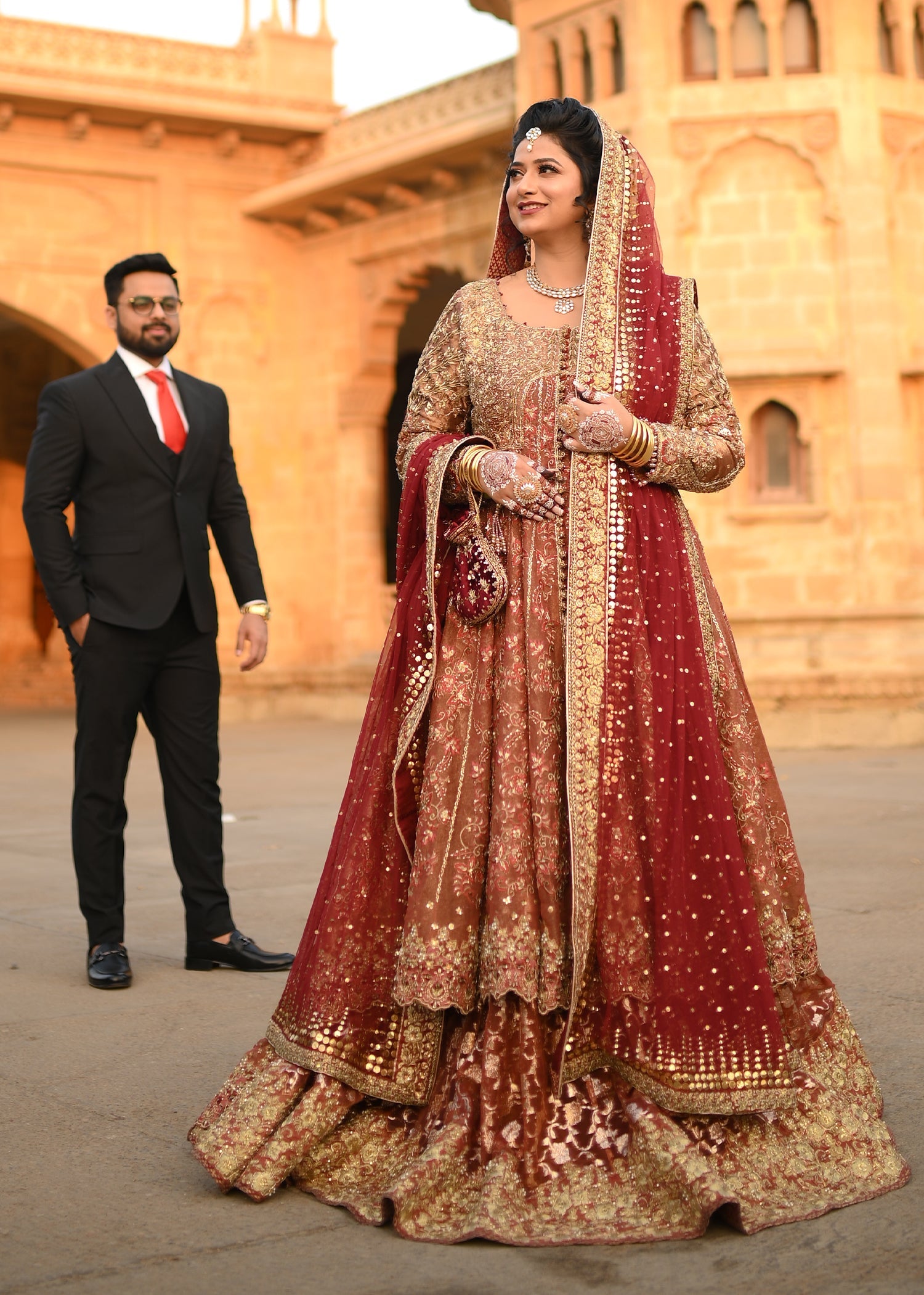 Pakistani Deep Red Gold Zardozi Velvet Bridal Lehenga (3-Piece) - Image 1