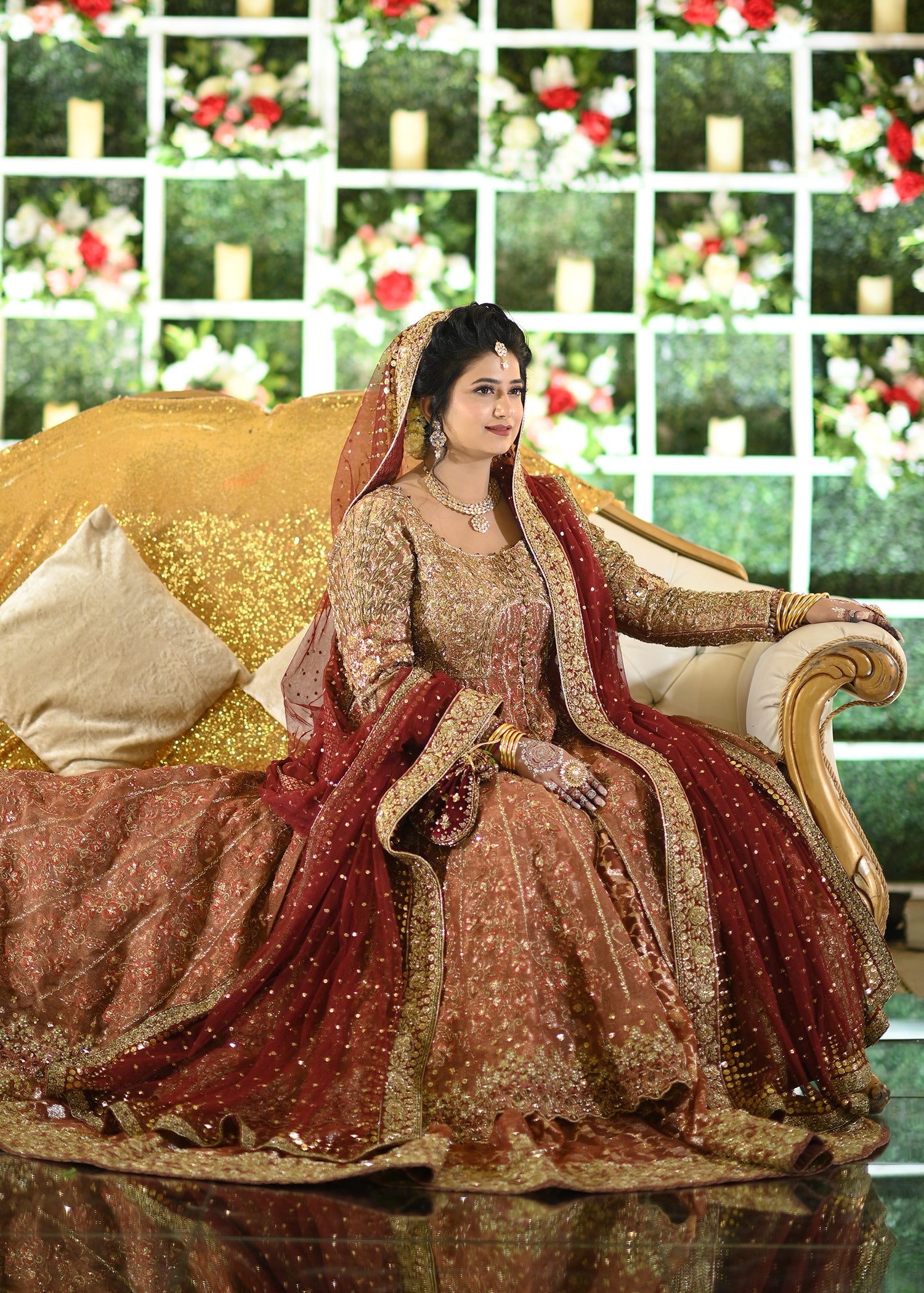 Pakistani Deep Red Gold Zardozi Velvet Bridal Lehenga (3-Piece) - Image 12