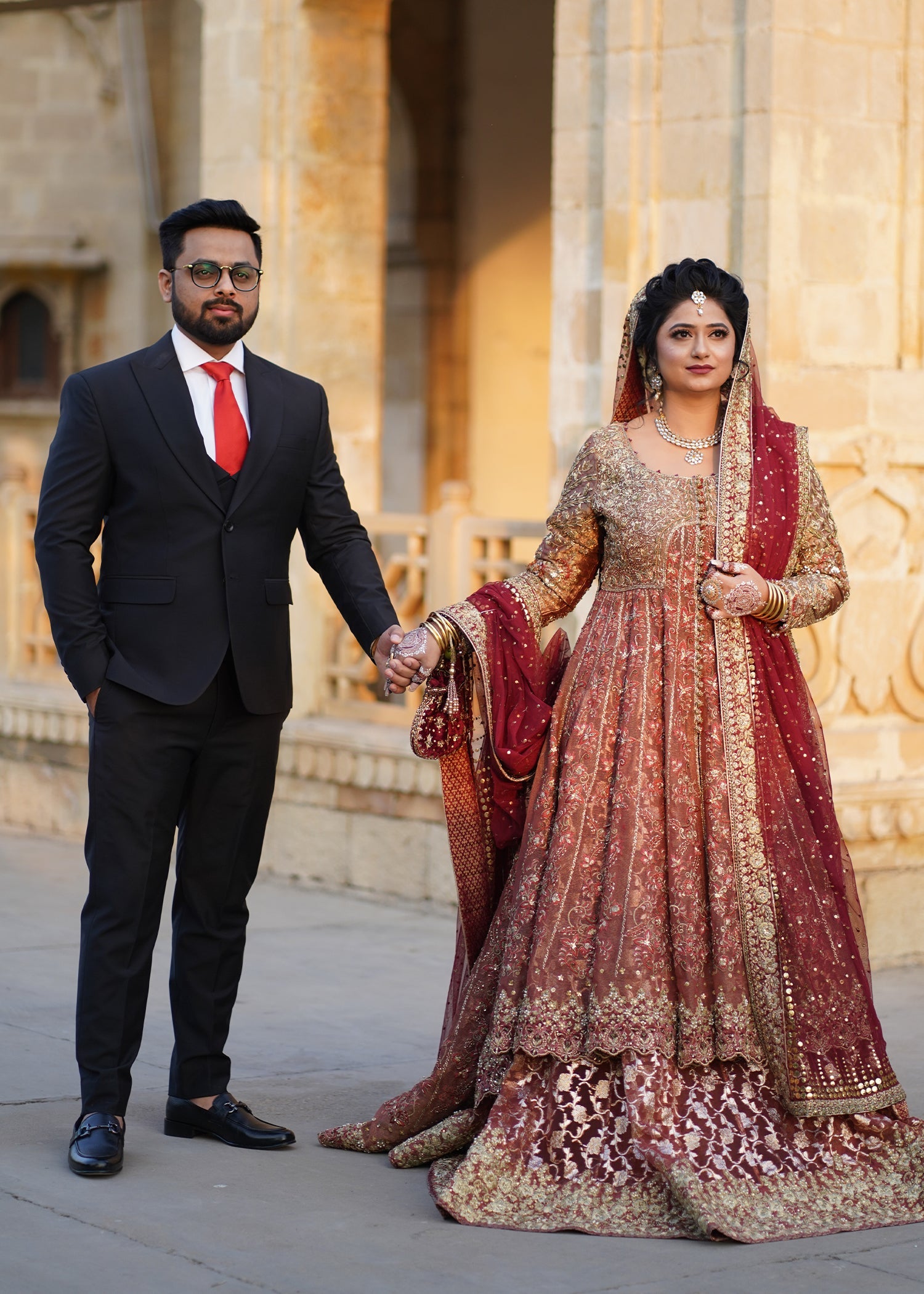 Pakistani Deep Red Gold Zardozi Velvet Bridal Lehenga (3-Piece) - Image 2