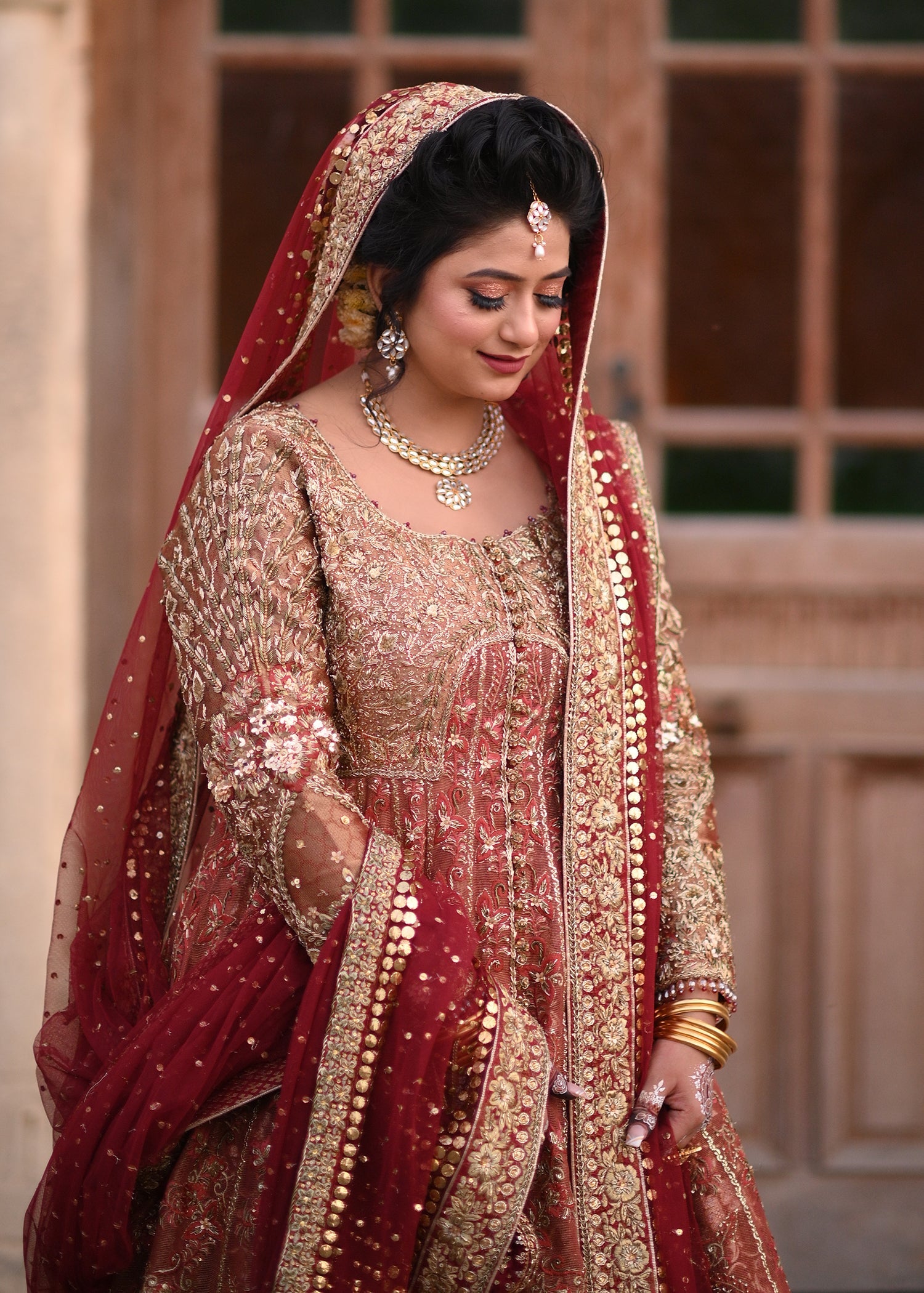 Pakistani Deep Red Gold Zardozi Velvet Bridal Lehenga (3-Piece) - Image 3