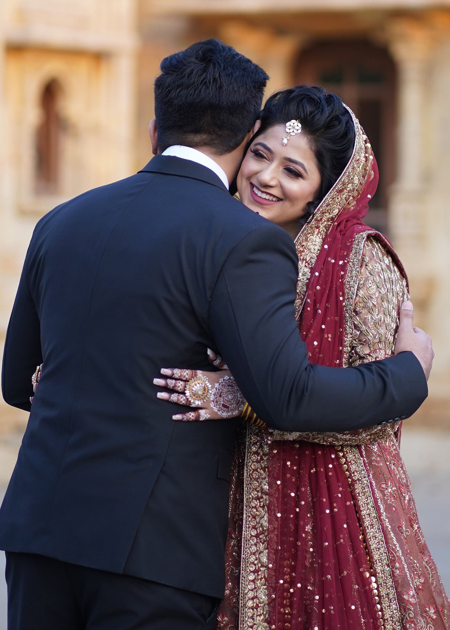 Pakistani Deep Red Gold Zardozi Velvet Bridal Lehenga (3-Piece) - Image 4