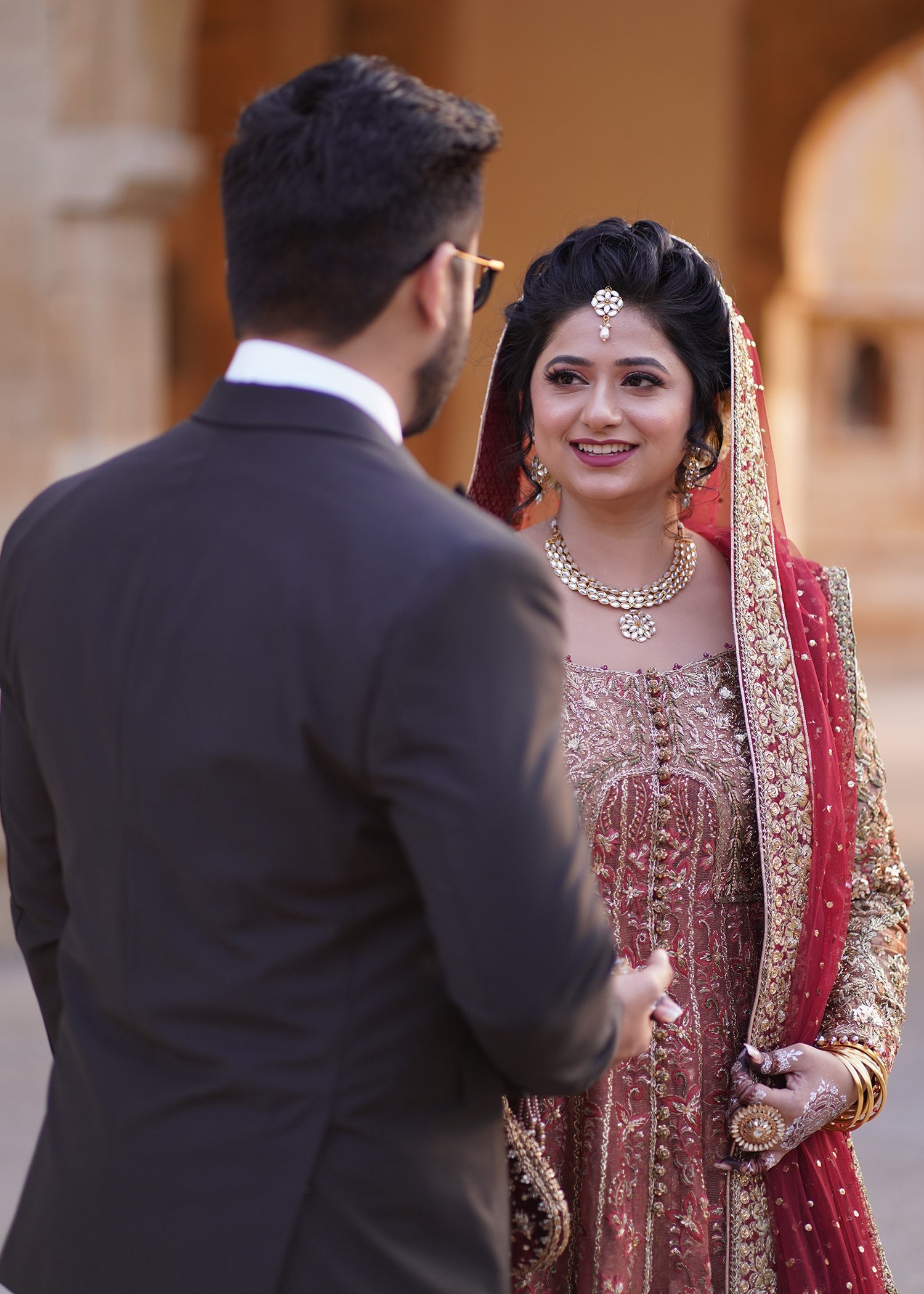 Pakistani Deep Red Gold Zardozi Velvet Bridal Lehenga (3-Piece) - Image 5