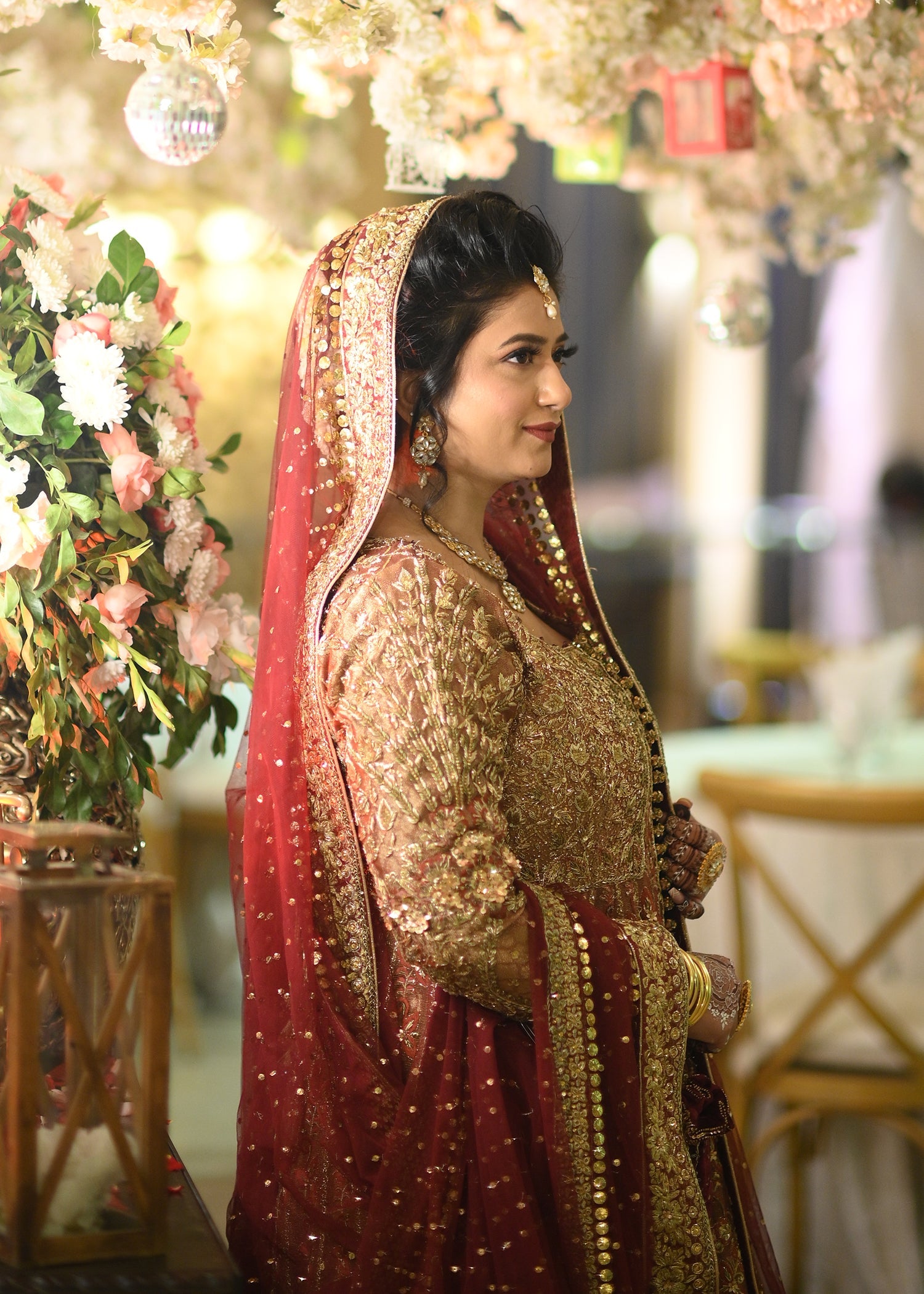 Pakistani Deep Red Gold Zardozi Velvet Bridal Lehenga (3-Piece) - Image 6