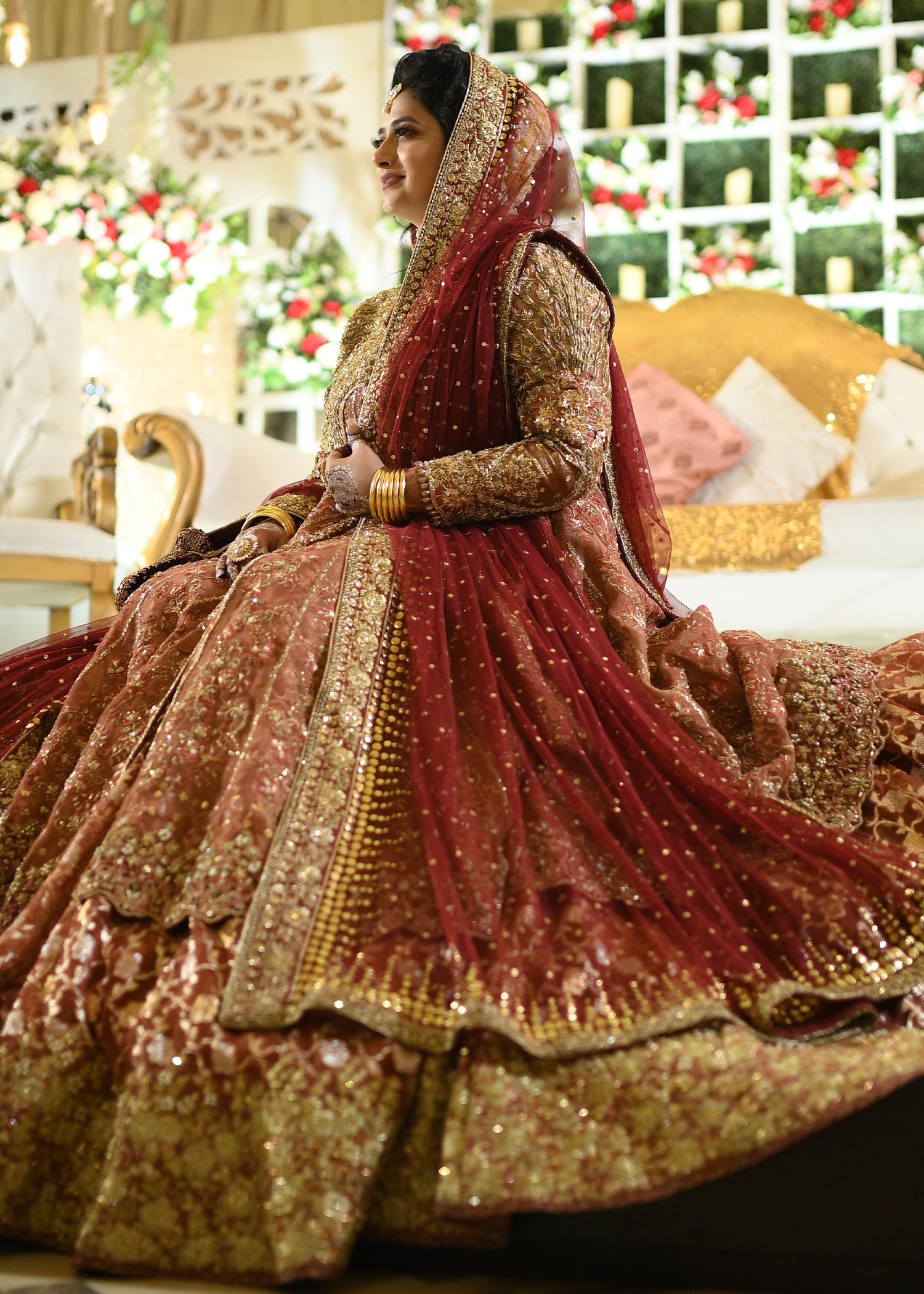 Pakistani Deep Red Gold Zardozi Velvet Bridal Lehenga (3-Piece) - Image 7