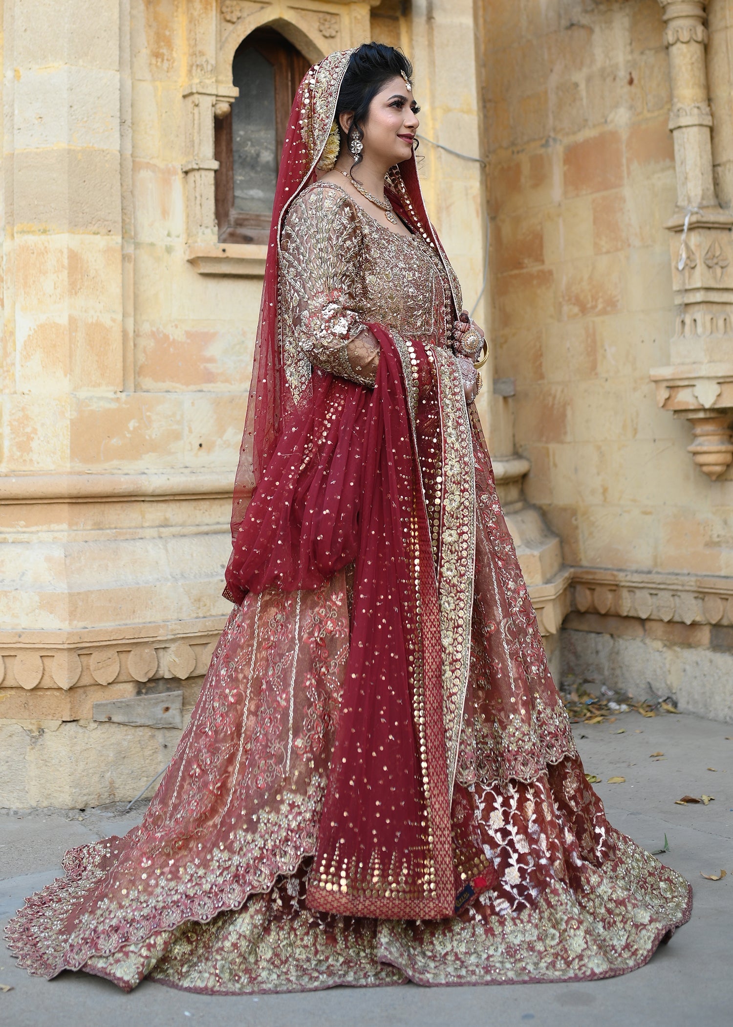 Pakistani Deep Red Gold Zardozi Velvet Bridal Lehenga (3-Piece) - Image 8