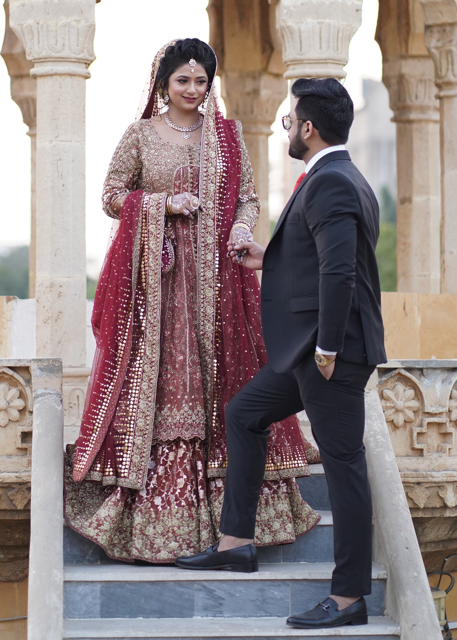 Pakistani Deep Red Gold Zardozi Velvet Bridal Lehenga (3-Piece) - Image 9