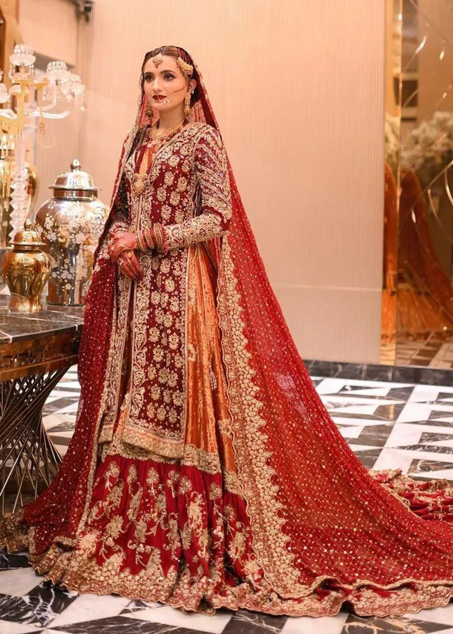 Pakistani Deep Red and Rust Embroidered Velvet Silk Lehenga (3-Piece) - Image 1