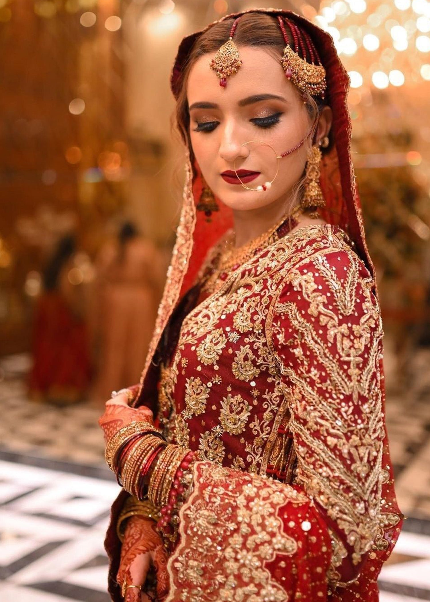 Pakistani Deep Red and Rust Embroidered Velvet Silk Lehenga (3-Piece) - Image 10