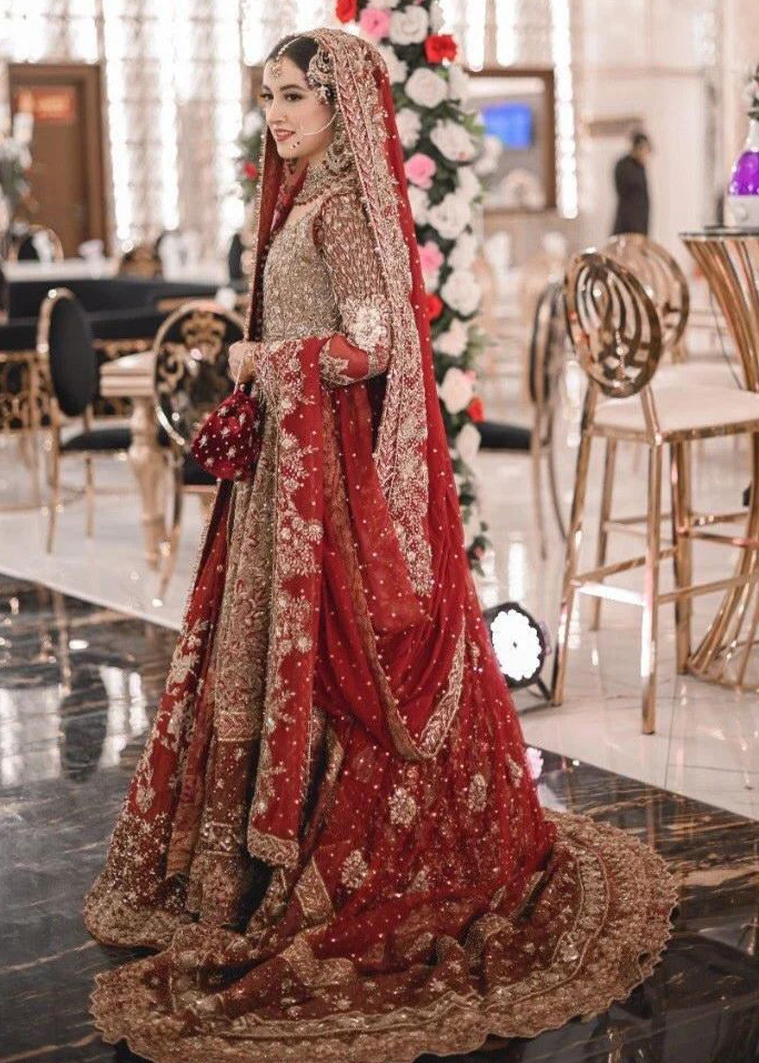Pakistani Deep Red and Rust Embroidered Velvet Silk Lehenga (3-Piece) - Image 11