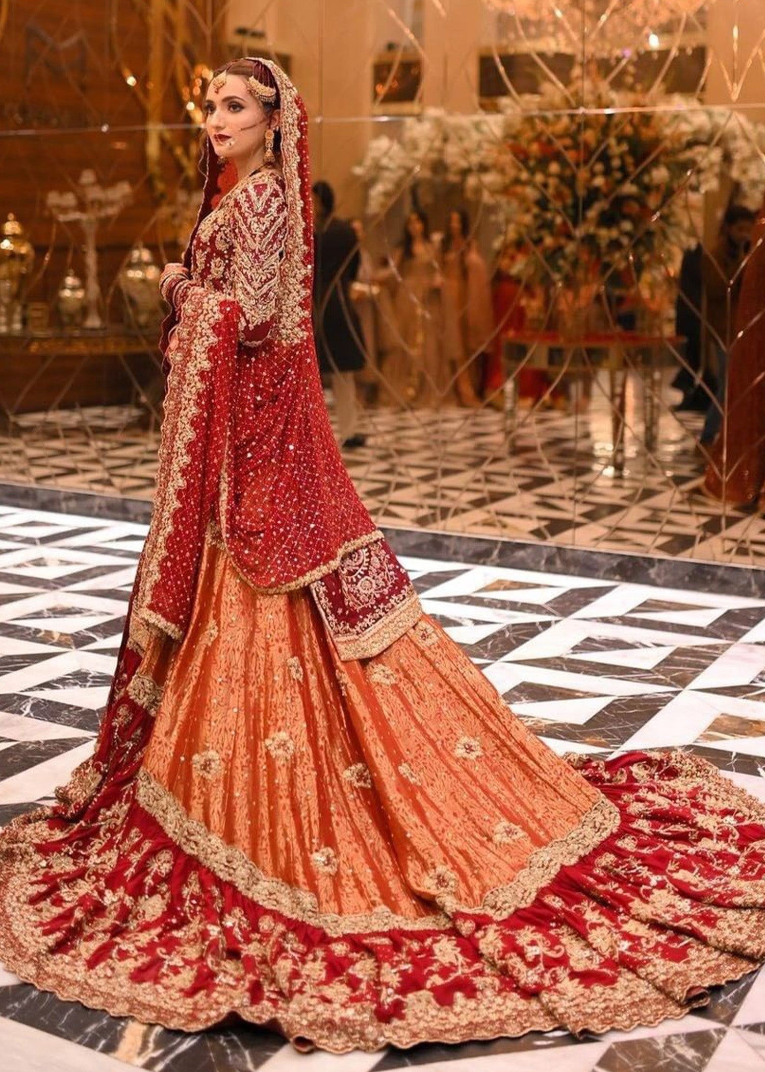 Pakistani Deep Red and Rust Embroidered Velvet Silk Lehenga (3-Piece) - Image 2
