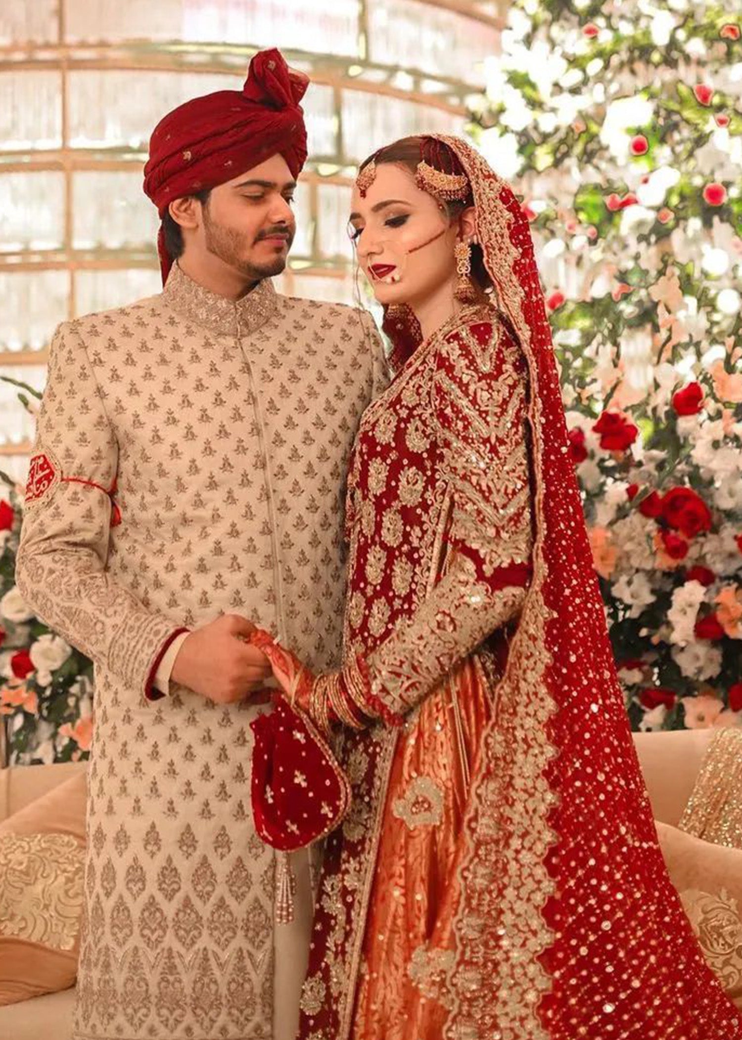 Pakistani Deep Red and Rust Embroidered Velvet Silk Lehenga (3-Piece) - Image 3