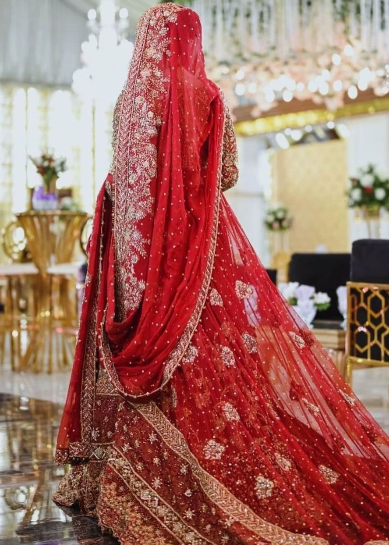 Pakistani Deep Red and Rust Embroidered Velvet Silk Lehenga (3-Piece) - Image 4