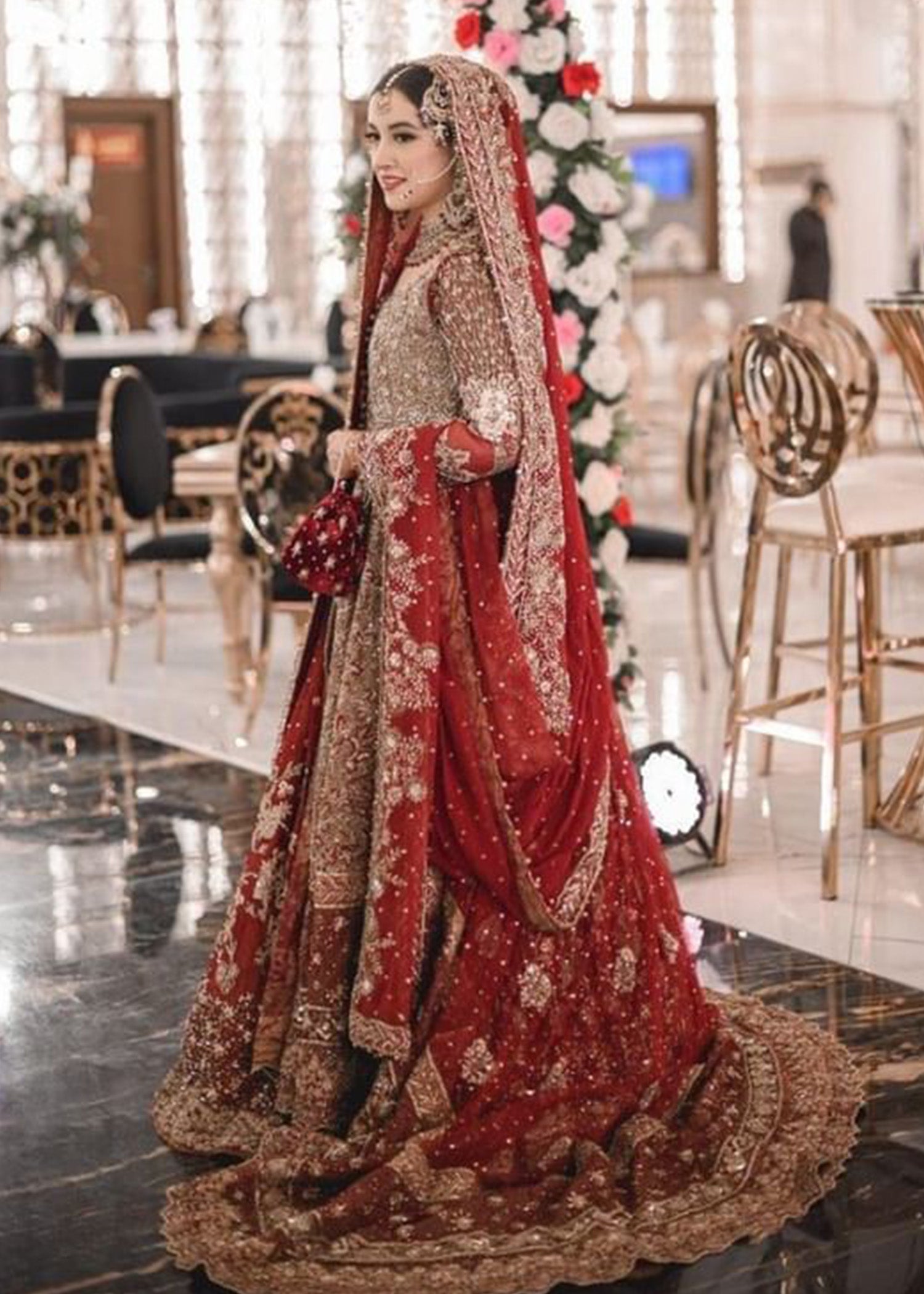 Pakistani Deep Red and Rust Embroidered Velvet Silk Lehenga (3-Piece) - Image 5
