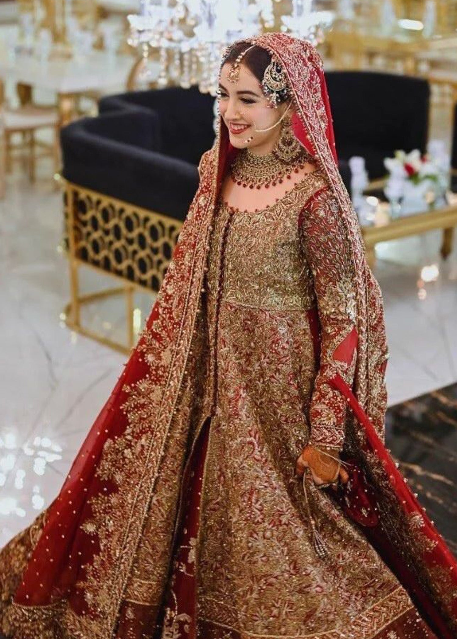 Pakistani Deep Red and Rust Embroidered Velvet Silk Lehenga (3-Piece) - Image 6