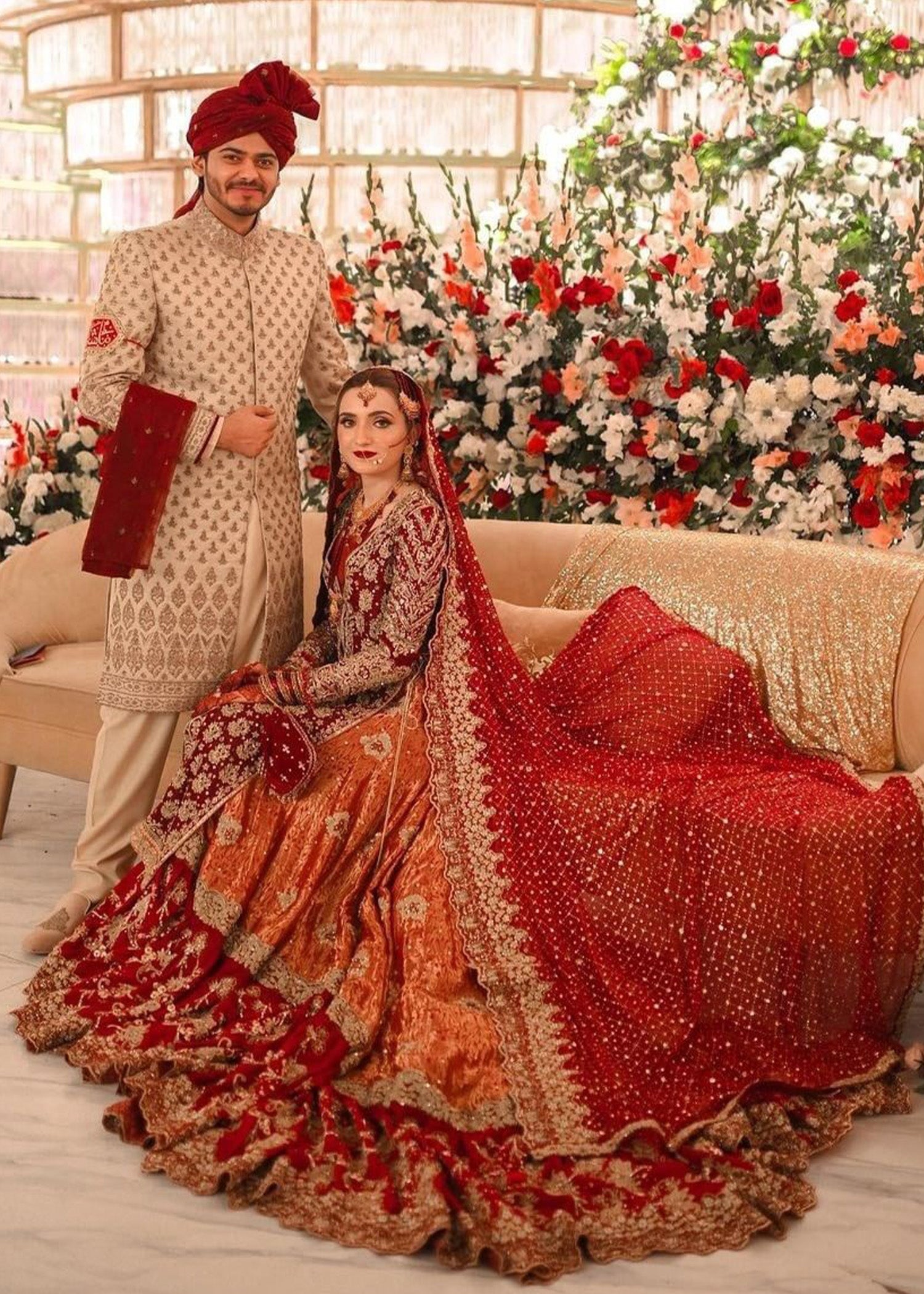 Pakistani Deep Red and Rust Embroidered Velvet Silk Lehenga (3-Piece) - Image 7