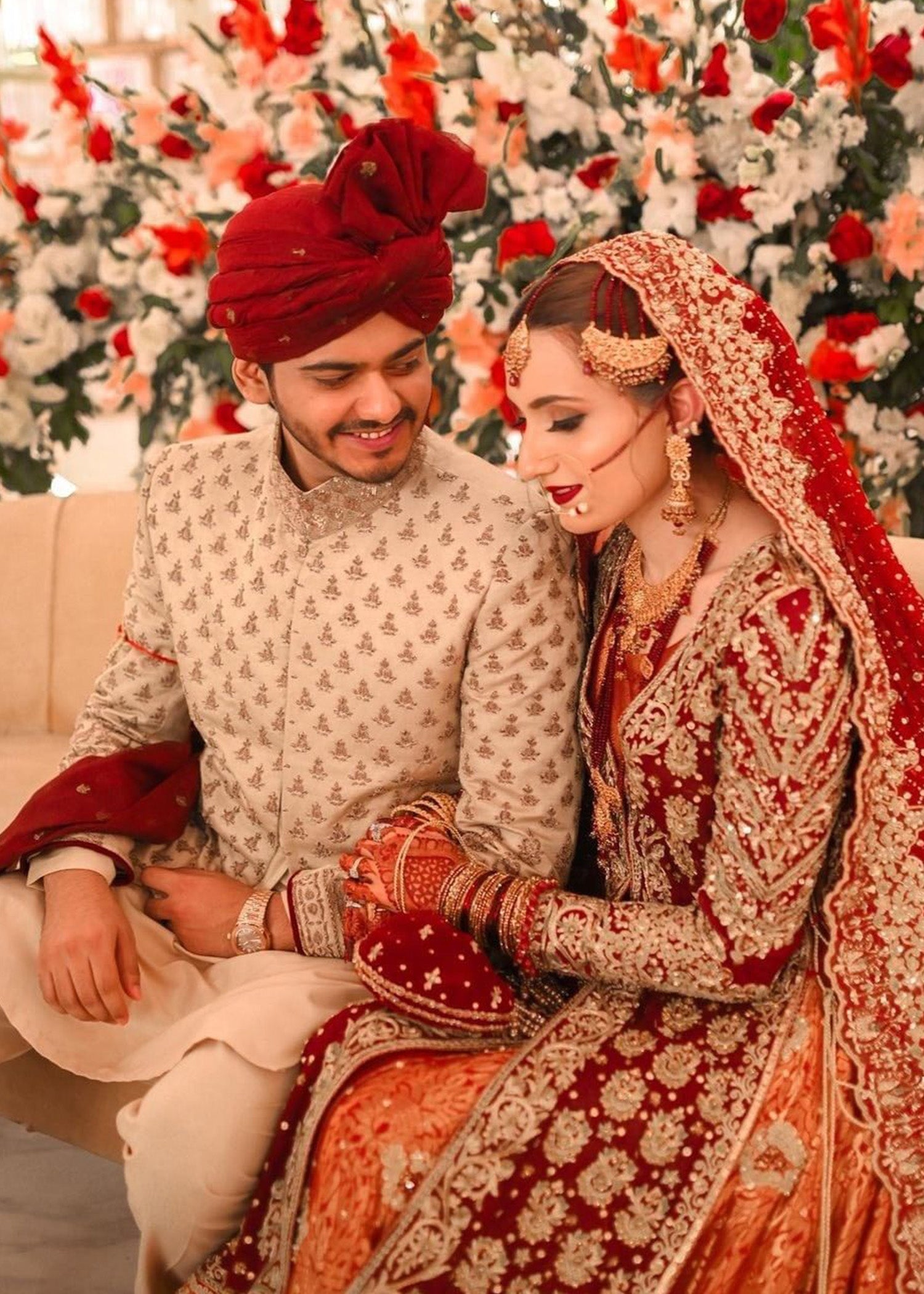 Pakistani Deep Red and Rust Embroidered Velvet Silk Lehenga (3-Piece) - Image 8