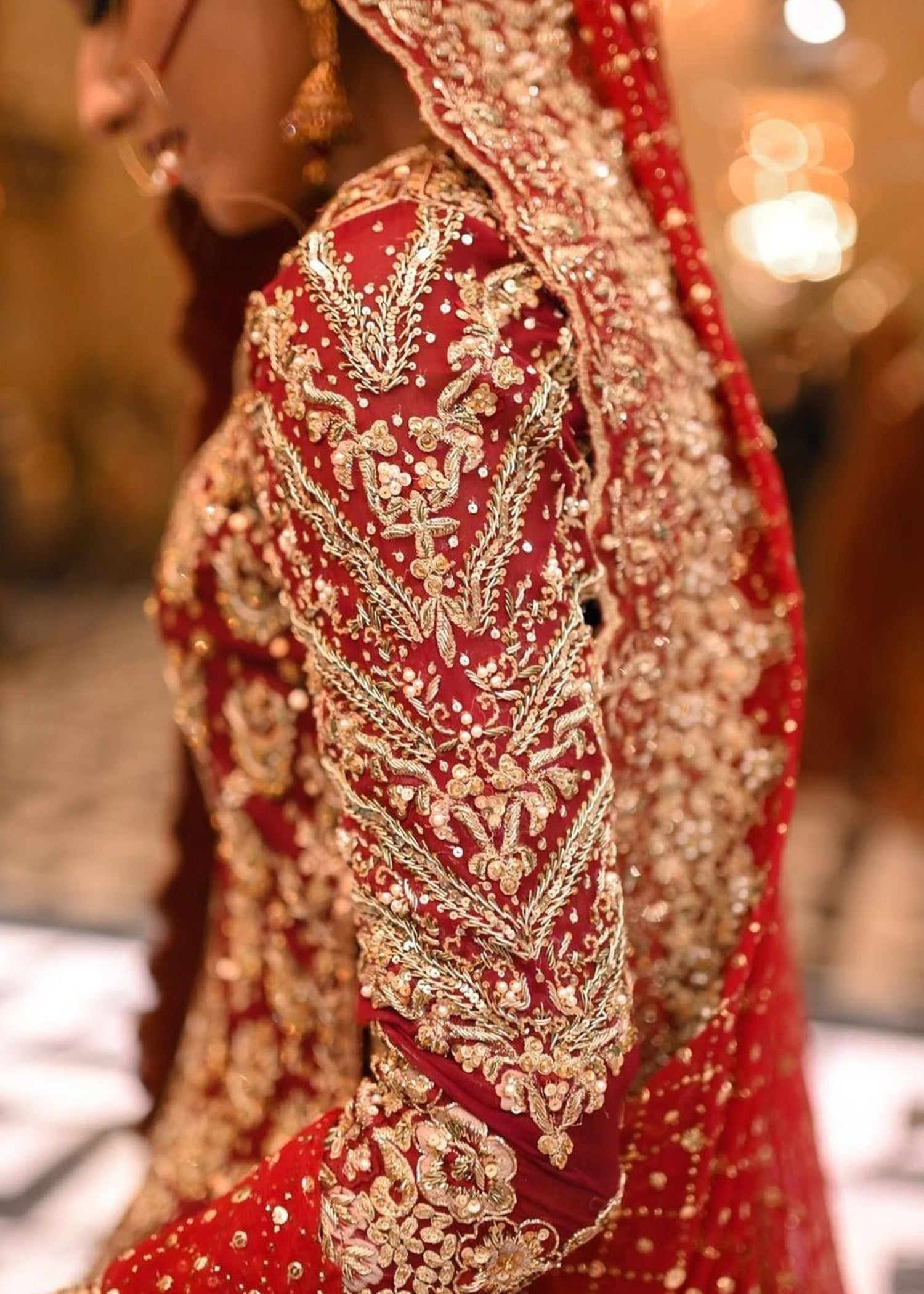 Pakistani Deep Red and Rust Embroidered Velvet Silk Lehenga (3-Piece) - Image 9