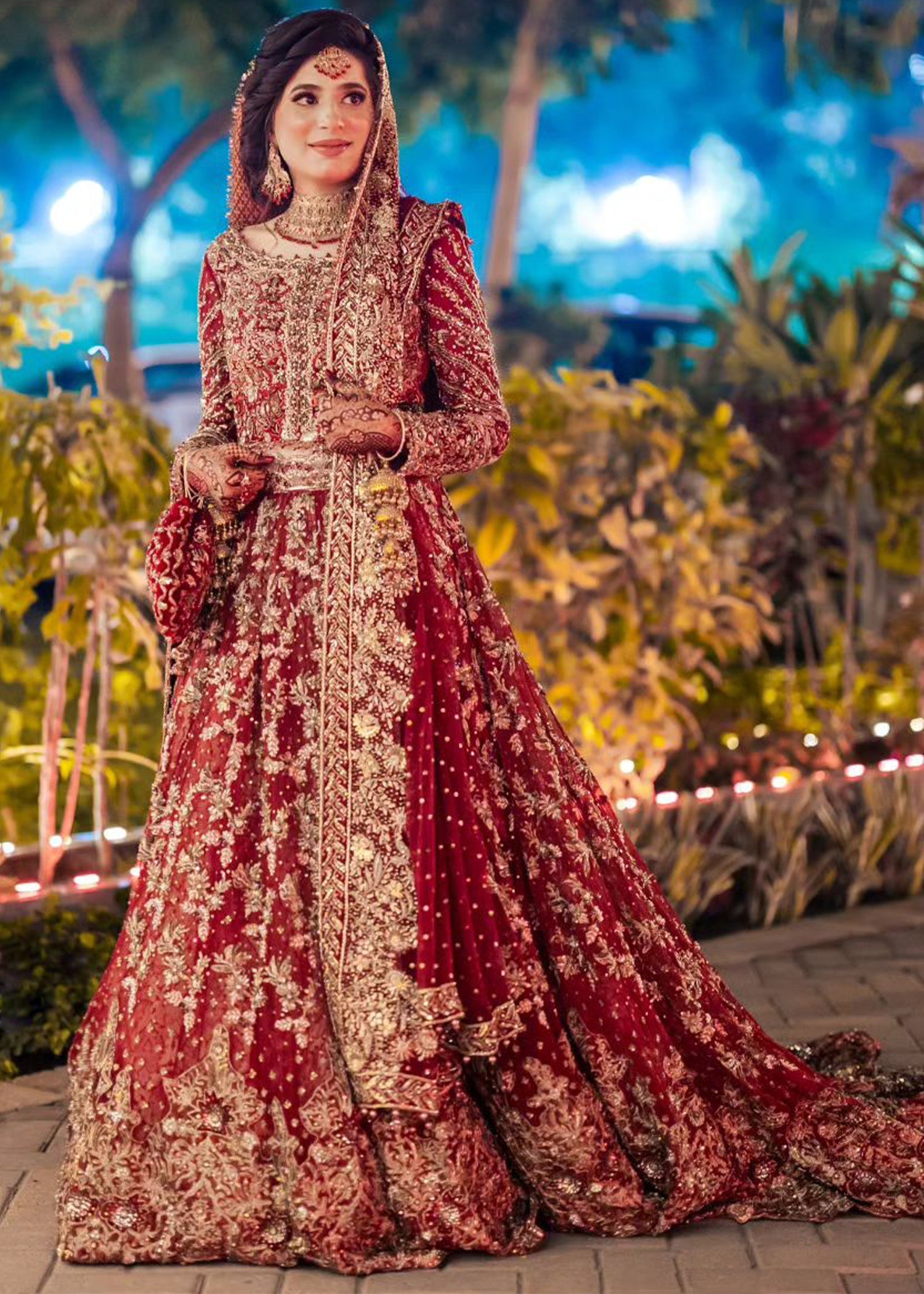 Deep Red Embroidered Velvet Raw Silk Bridal Lehenga (3-Piece) - Image 1