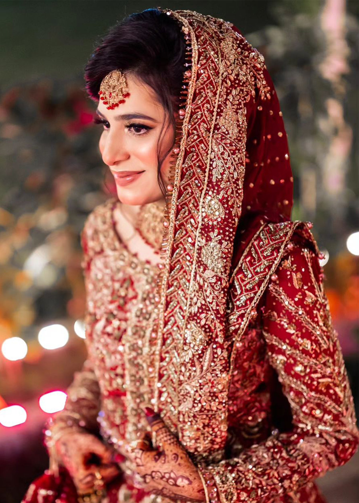 Deep Red Embroidered Velvet Raw Silk Bridal Lehenga (3-Piece) - Image 2