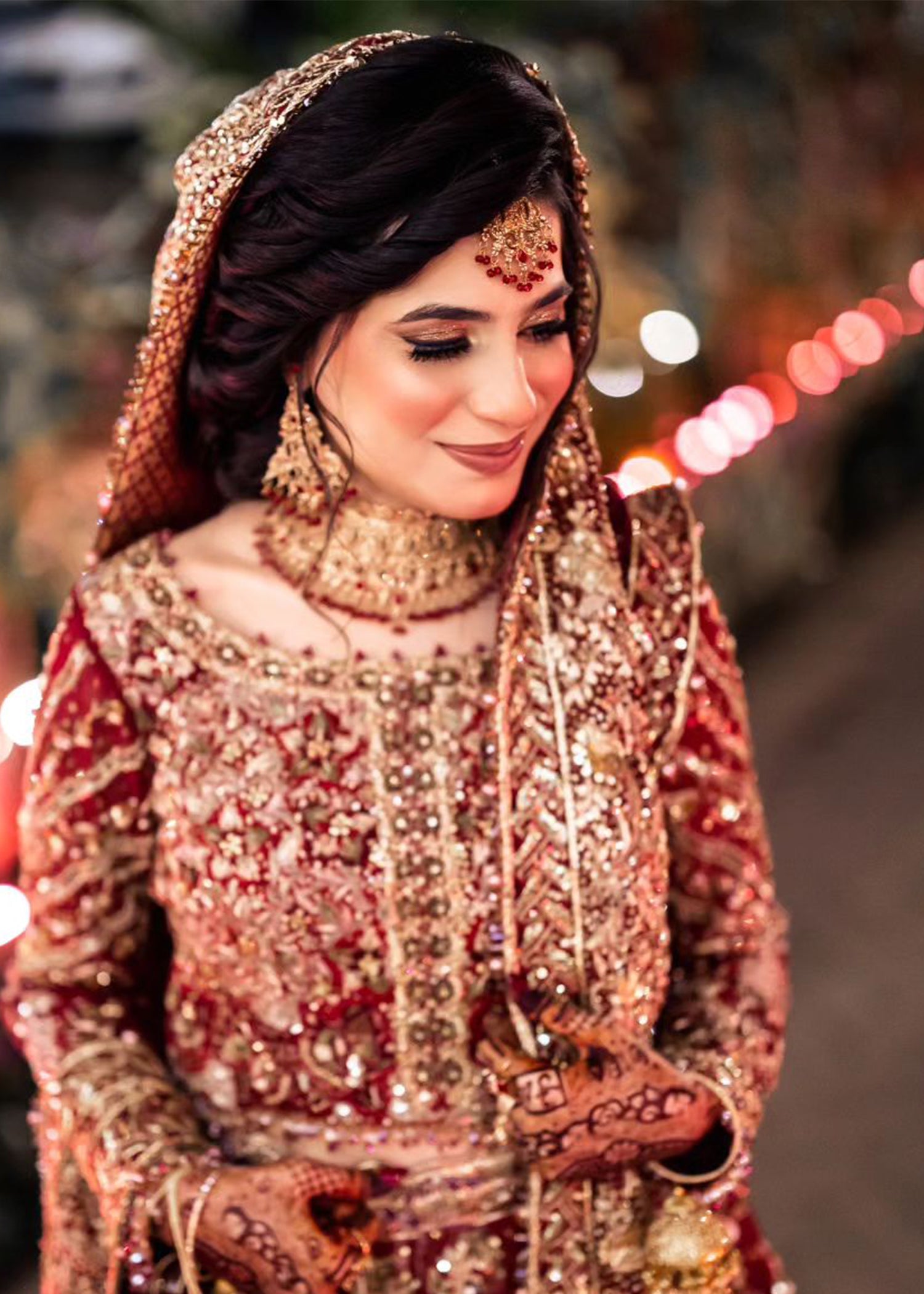 Deep Red Embroidered Velvet Raw Silk Bridal Lehenga (3-Piece) - Image 3