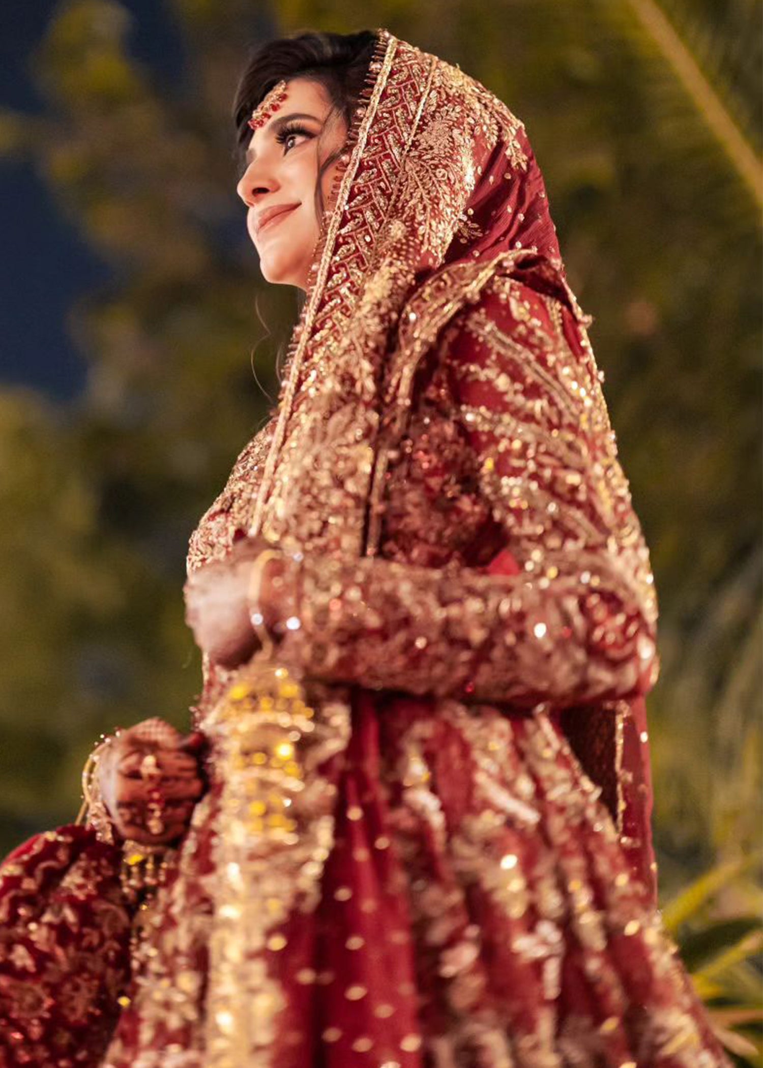 Deep Red Embroidered Velvet Raw Silk Bridal Lehenga (3-Piece) - Image 5