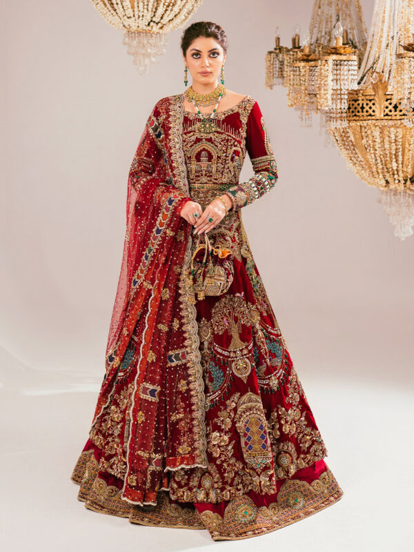 Deep Red Embellished Velvet Silk Bridal Lehenga (3-Piece) - Image 1