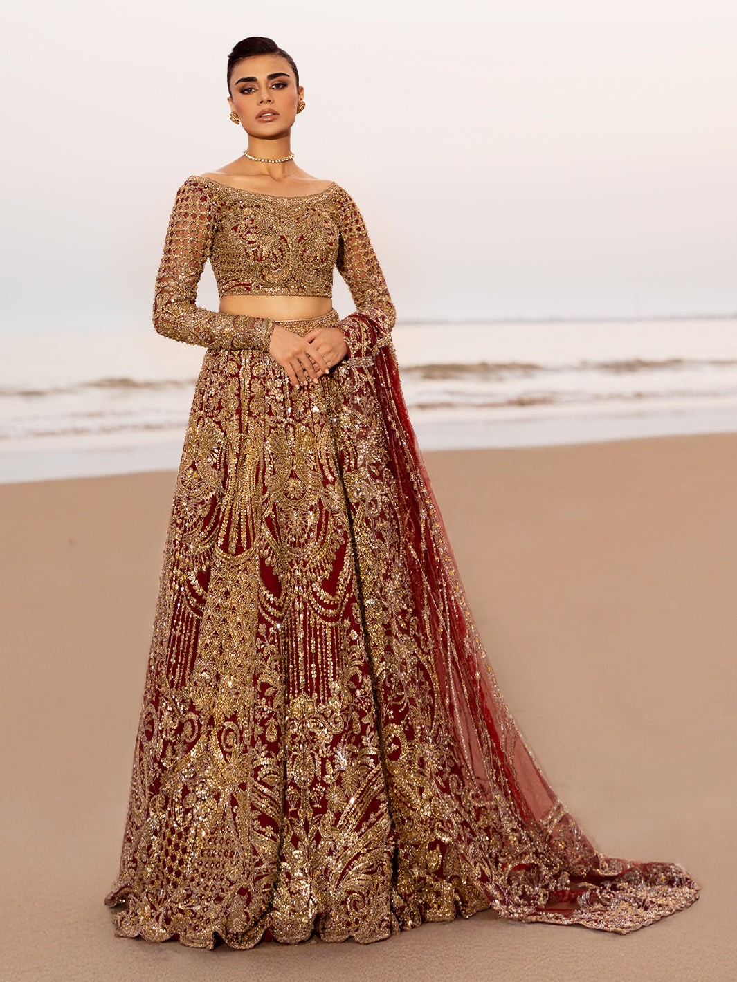 Deep Red Embroidered Silk-Blend Velvet Bridal Lehenga (3-Piece) - Image 1