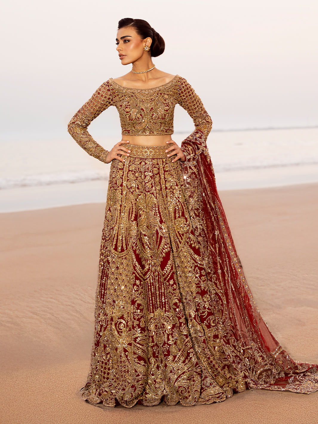 Deep Red Embroidered Silk-Blend Velvet Bridal Lehenga (3-Piece) - Image 4