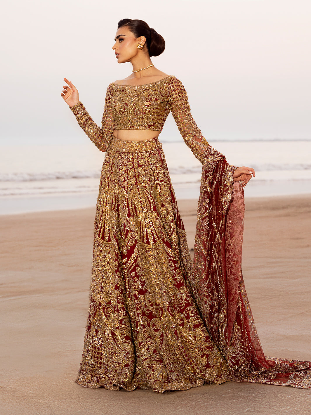 Deep Red Embroidered Silk-Blend Velvet Bridal Lehenga (3-Piece) - Image 5