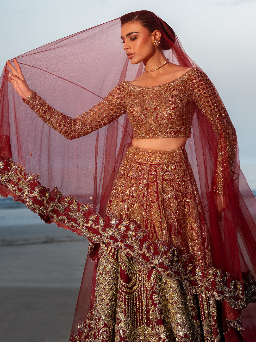 Deep Red Embroidered Silk-Blend Velvet Bridal Lehenga (3-Piece) - Image 6