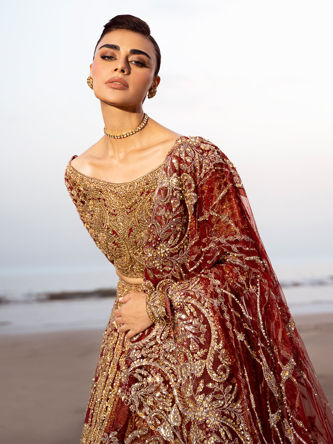 Deep Red Embroidered Silk-Blend Velvet Bridal Lehenga (3-Piece) - Image 8