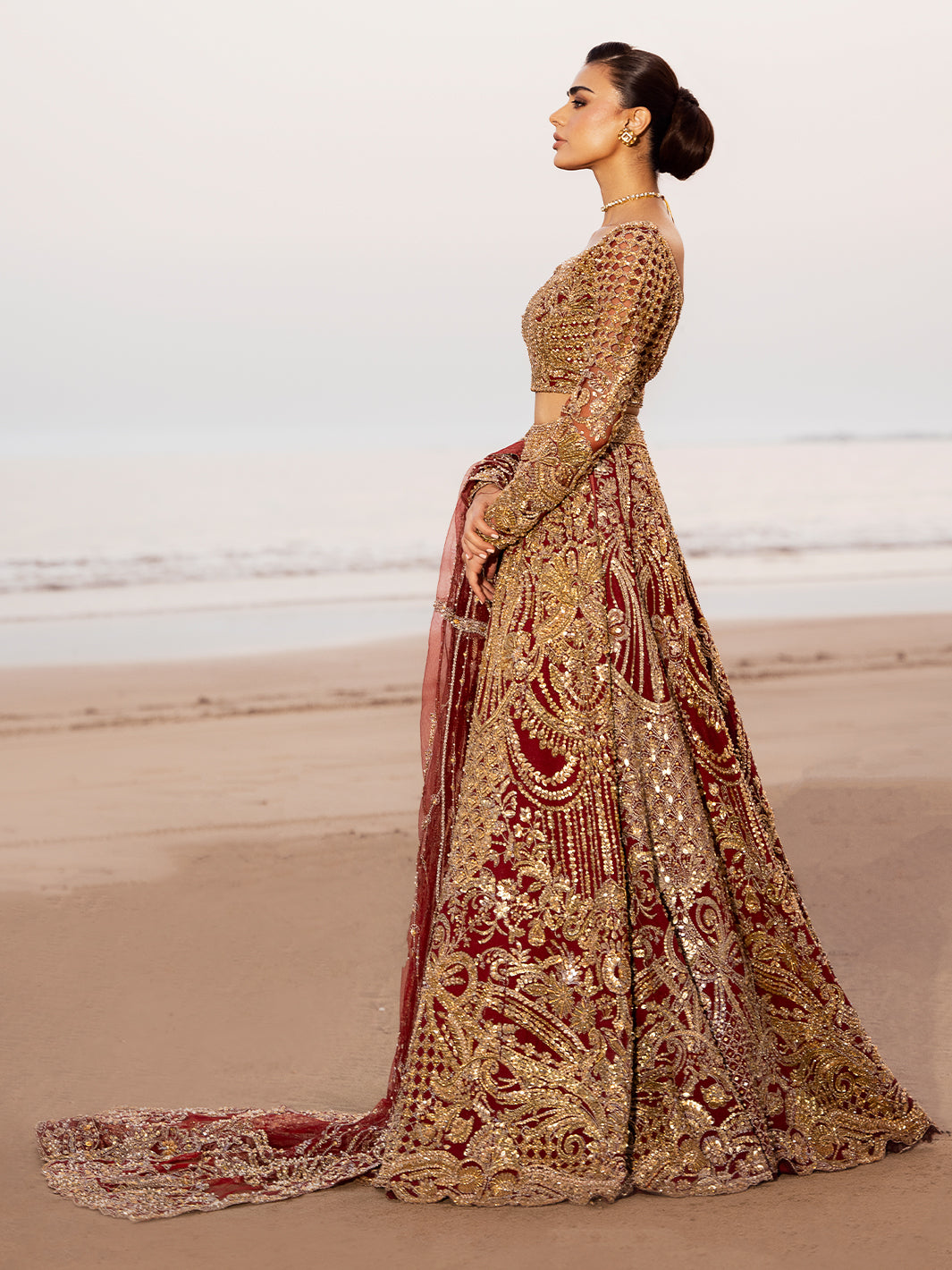 Deep Red Embroidered Silk-Blend Velvet Bridal Lehenga (3-Piece) - Image 9