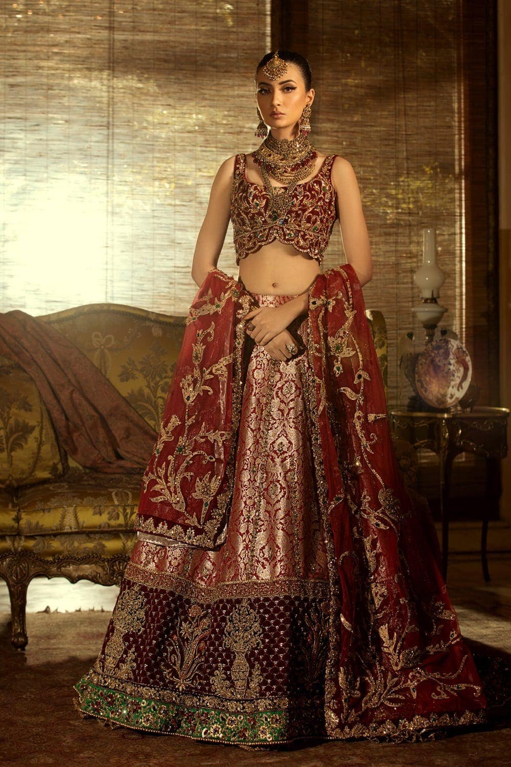 Pakistani Deep Red Zardozi Velvet & Kimkhab Lehenga Choli (3-Piece) - Image 1