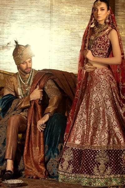 Pakistani Deep Red Zardozi Velvet & Kimkhab Lehenga Choli (3-Piece) - Image 5