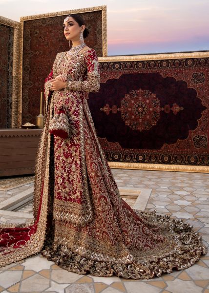 Indian Deep Red Mukesh Zardozi Velvet Silk Farshi Lehenga (3-Piece) - Image 1