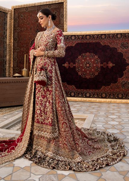 Indian Deep Red Mukesh Zardozi Velvet Silk Farshi Lehenga (3-Piece) - Image 2