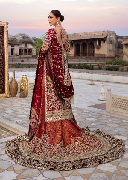 Indian Deep Red Mukesh Zardozi Velvet Silk Farshi Lehenga (3-Piece) - Image 3