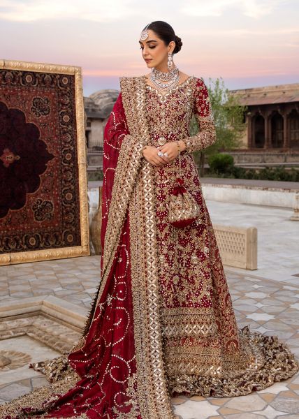 Indian Deep Red Mukesh Zardozi Velvet Silk Farshi Lehenga (3-Piece) - Image 4