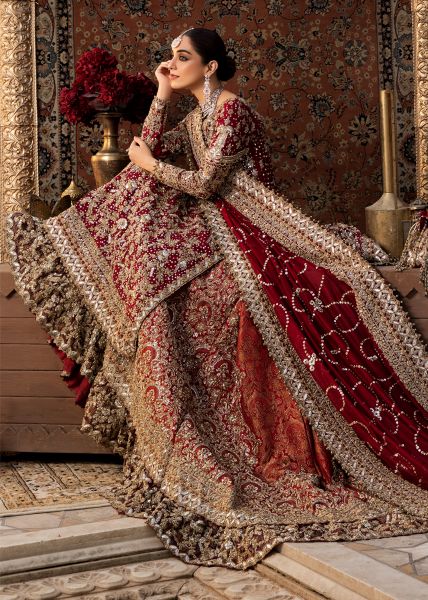 Indian Deep Red Mukesh Zardozi Velvet Silk Farshi Lehenga (3-Piece) - Image 5