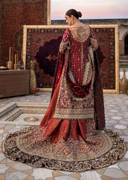 Indian Deep Red Mukesh Zardozi Velvet Silk Farshi Lehenga (3-Piece) - Image 6